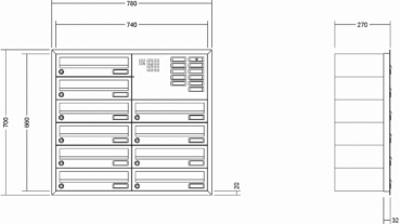 Leabox Briefkastenanlage Unterputz, Alu - Putzabdeckrahmen, waagerechte Kästen,  Kastenformat 370x110x270mm,  mit Klingel - und Lichttaster und Vorbereitung Gegensprechanlage, 10-teilig